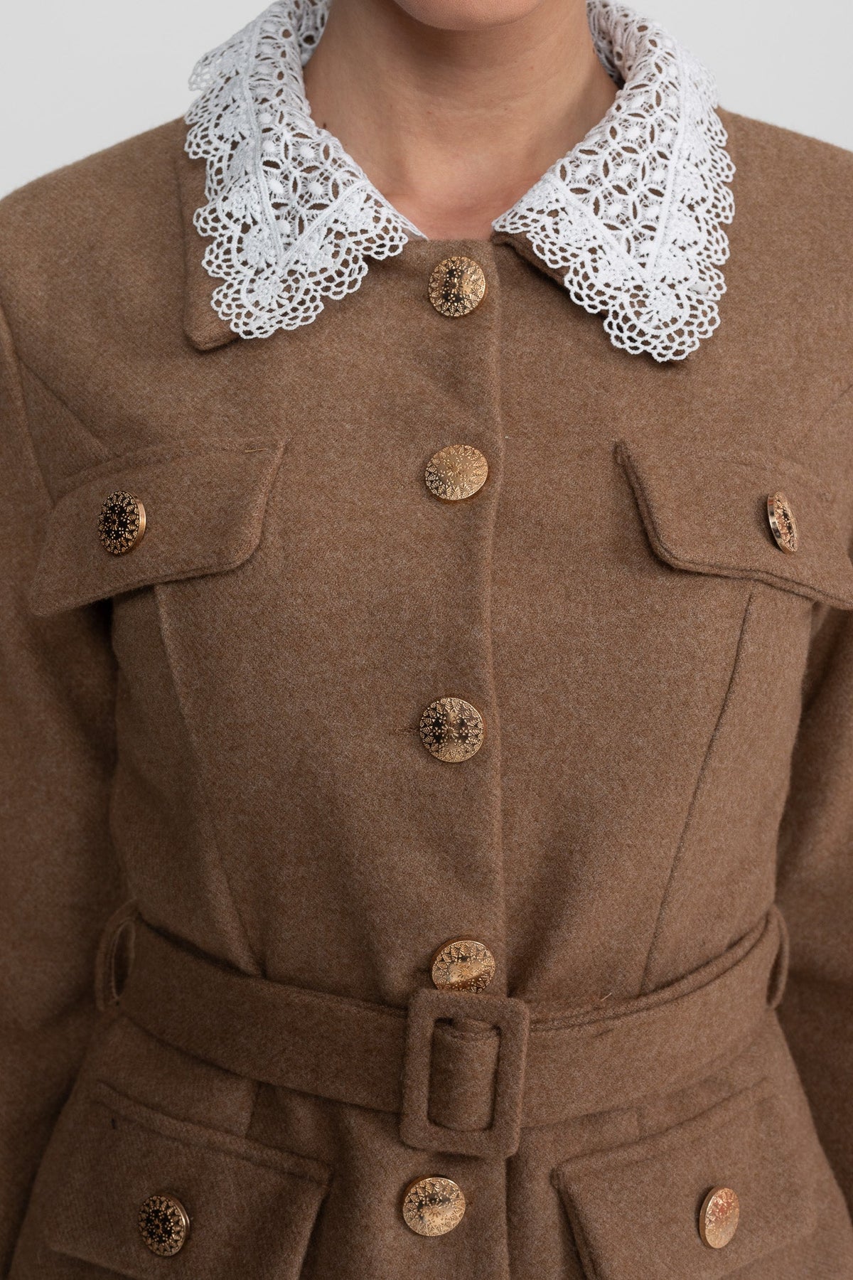 Lace Trim Tailored Jacket and Midi Pencil Skirt Set with Belt – Camel – view 6