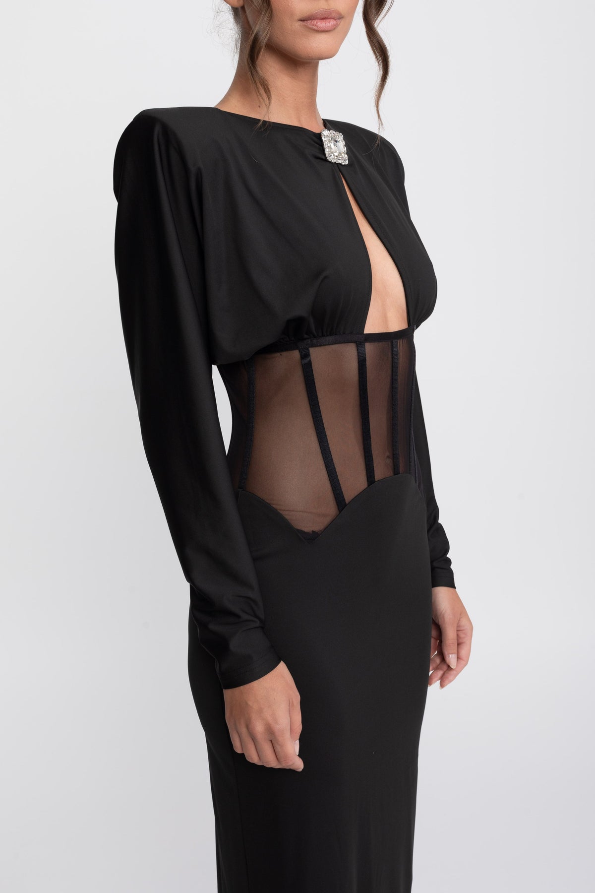 Long Sleeve High Neck Gown with Sheer Cutout Waist Panel – Black – view 6