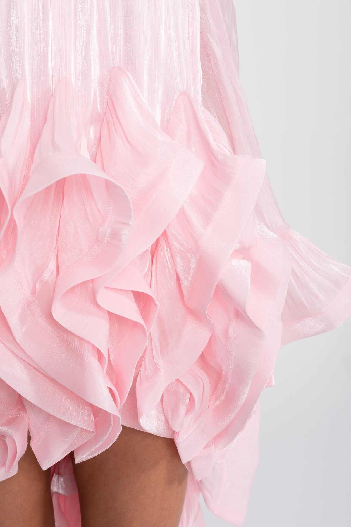 Asymmetric Ruffle Hem Satin-Finish Mini Dress with Flared Sleeves – Pink – view 9