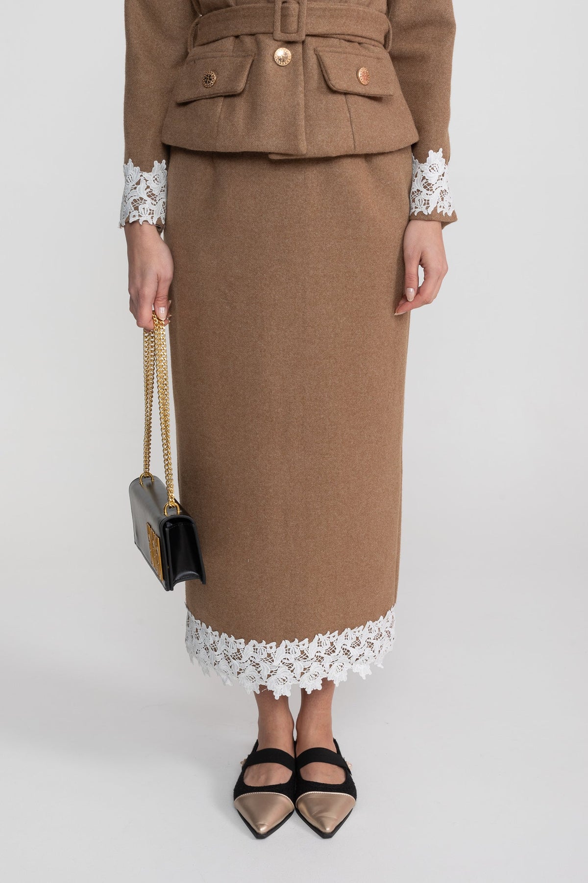 Lace Trim Tailored Jacket and Midi Pencil Skirt Set with Belt – Camel – view 8
