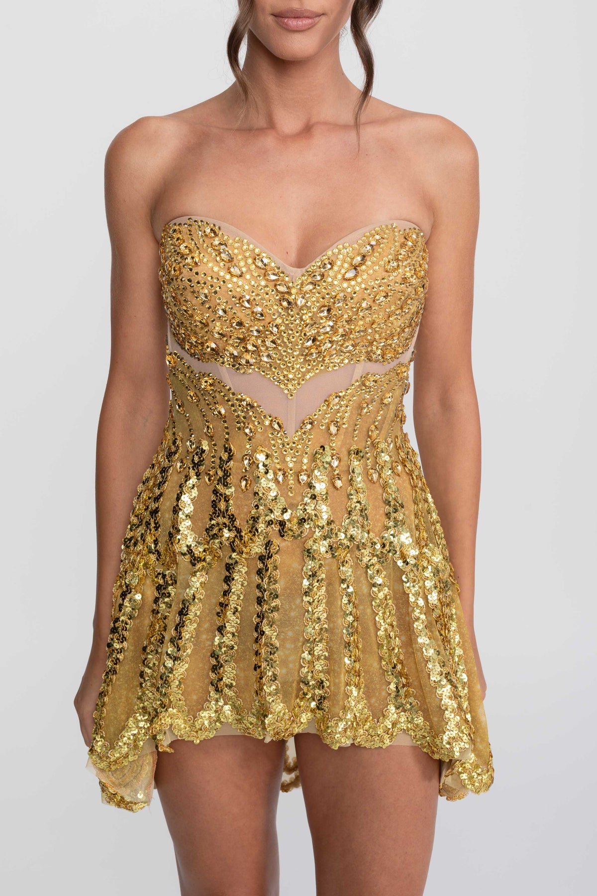Jewelled Strapless Sweetheart Fit and Flare Mini Dress – Gold – view 7