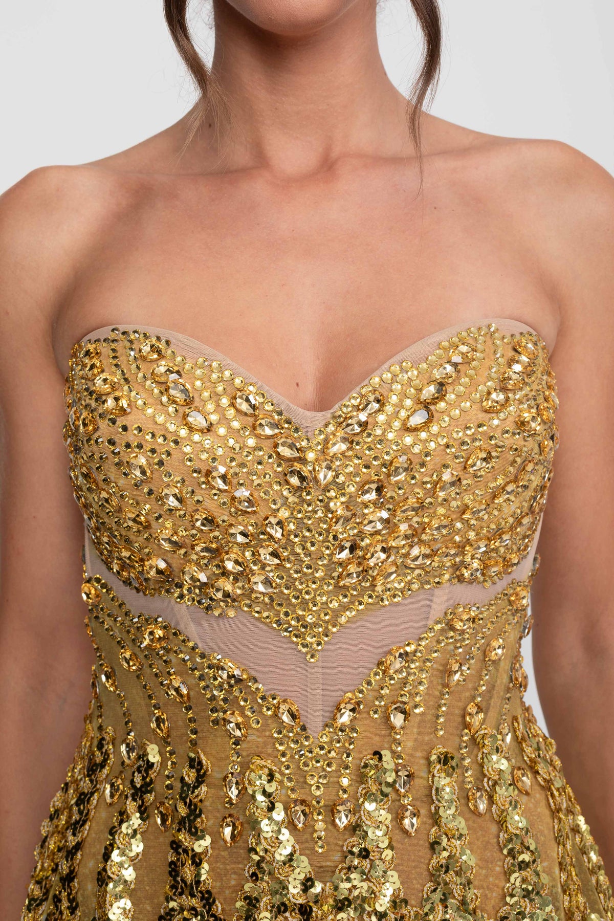 Jewelled Strapless Sweetheart Fit and Flare Mini Dress – Gold – view 11