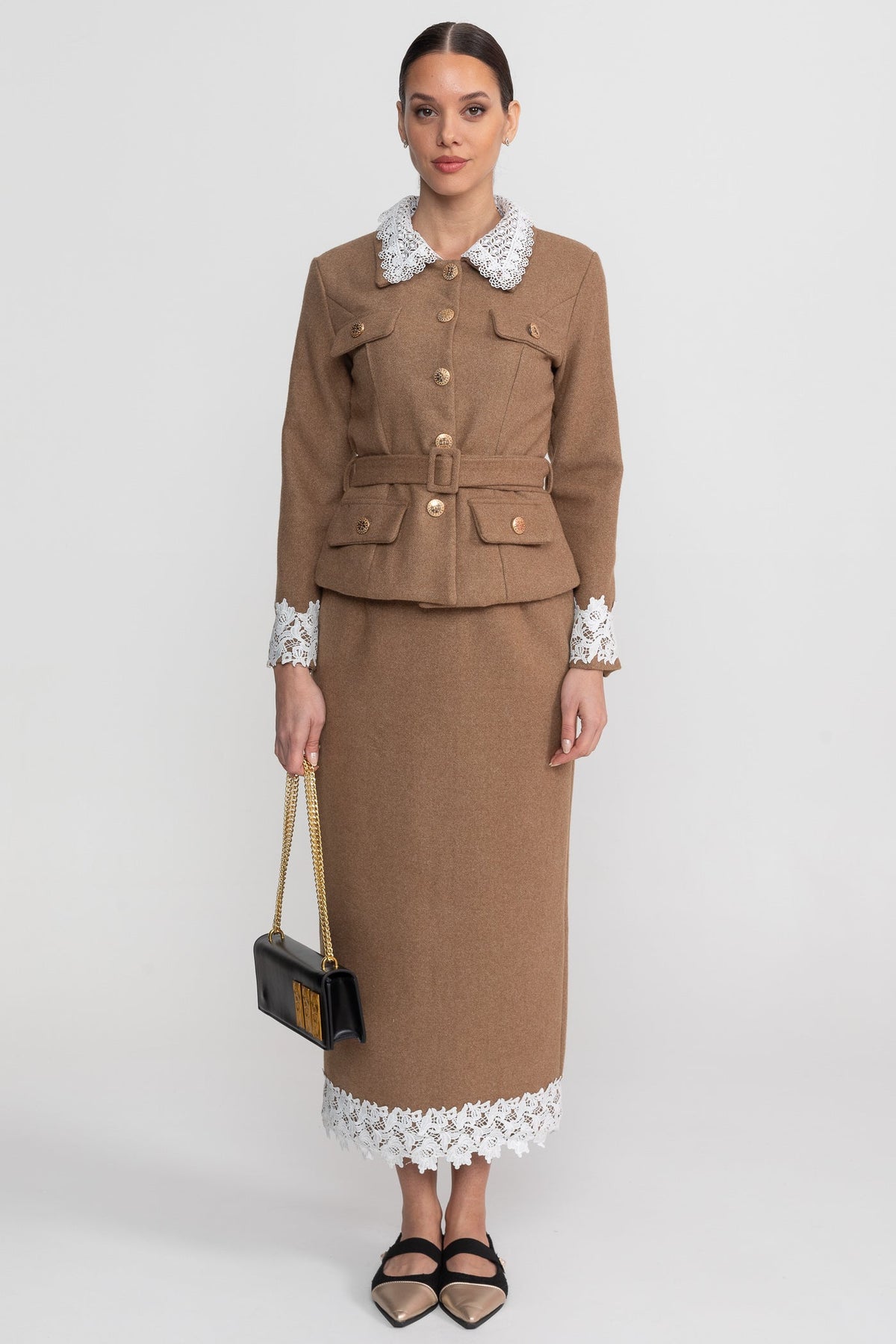 Lace Trim Tailored Jacket and Midi Pencil Skirt Set with Belt – Camel – view 4