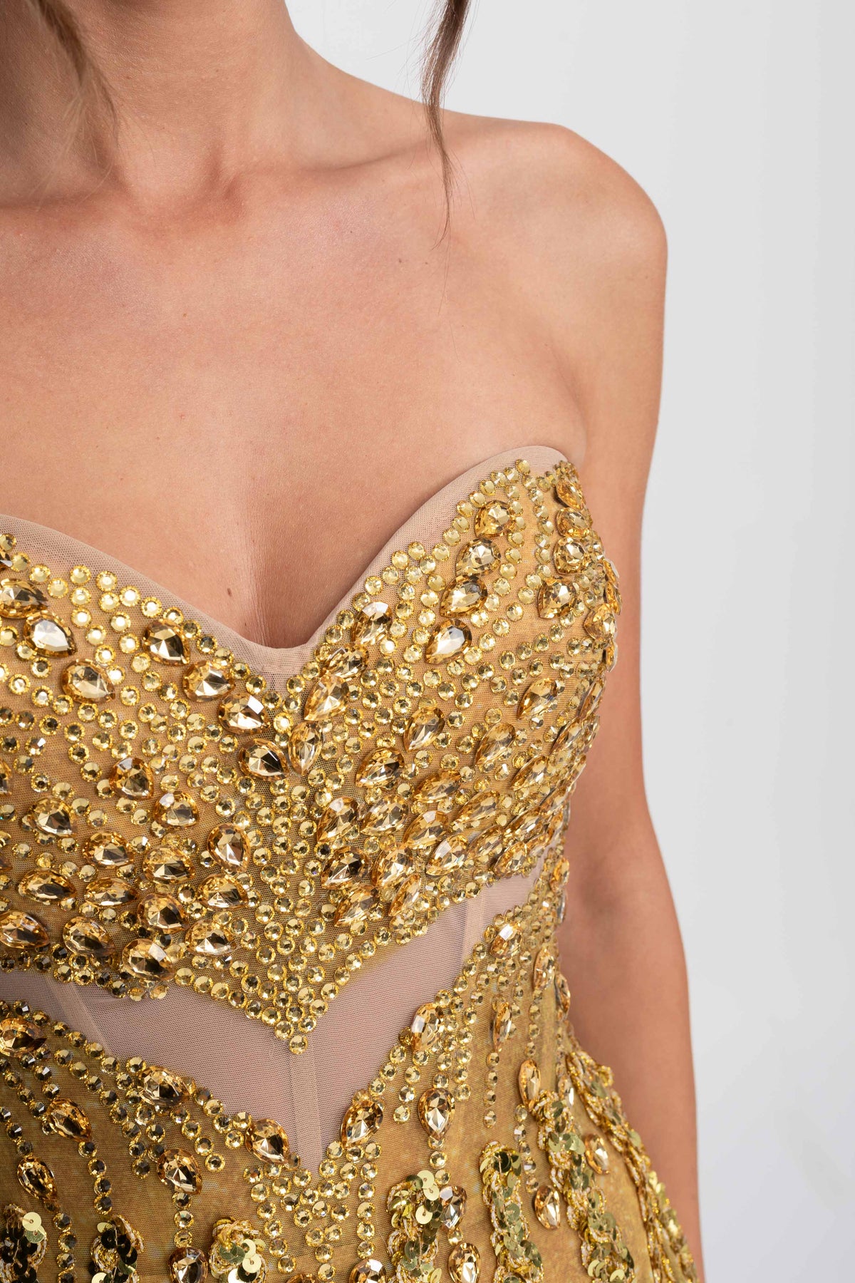 Jewelled Strapless Sweetheart Fit and Flare Mini Dress – Gold – view 12