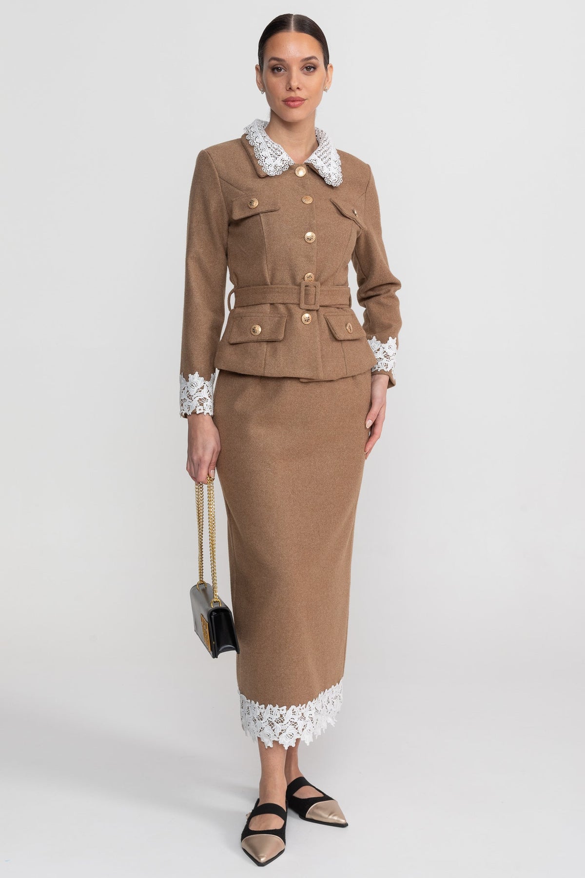 Lace Trim Tailored Jacket and Midi Pencil Skirt Set with Belt – Camel – view 1