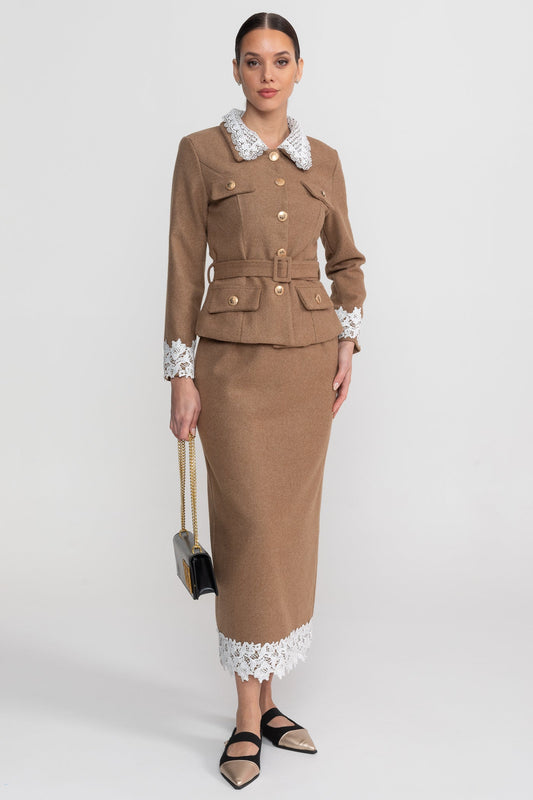 Lace Trim Tailored Jacket and Midi Pencil Skirt Set with Belt – Camel