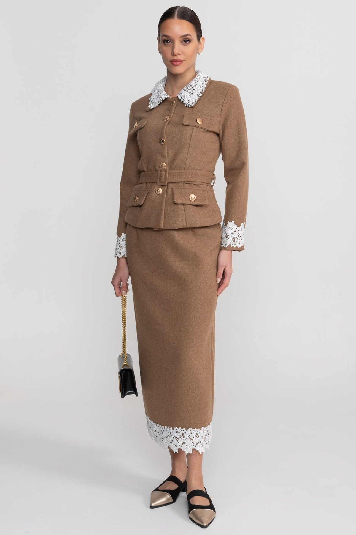 Lace Trim Tailored Jacket and Midi Pencil Skirt Set with Belt – Camel – view 3