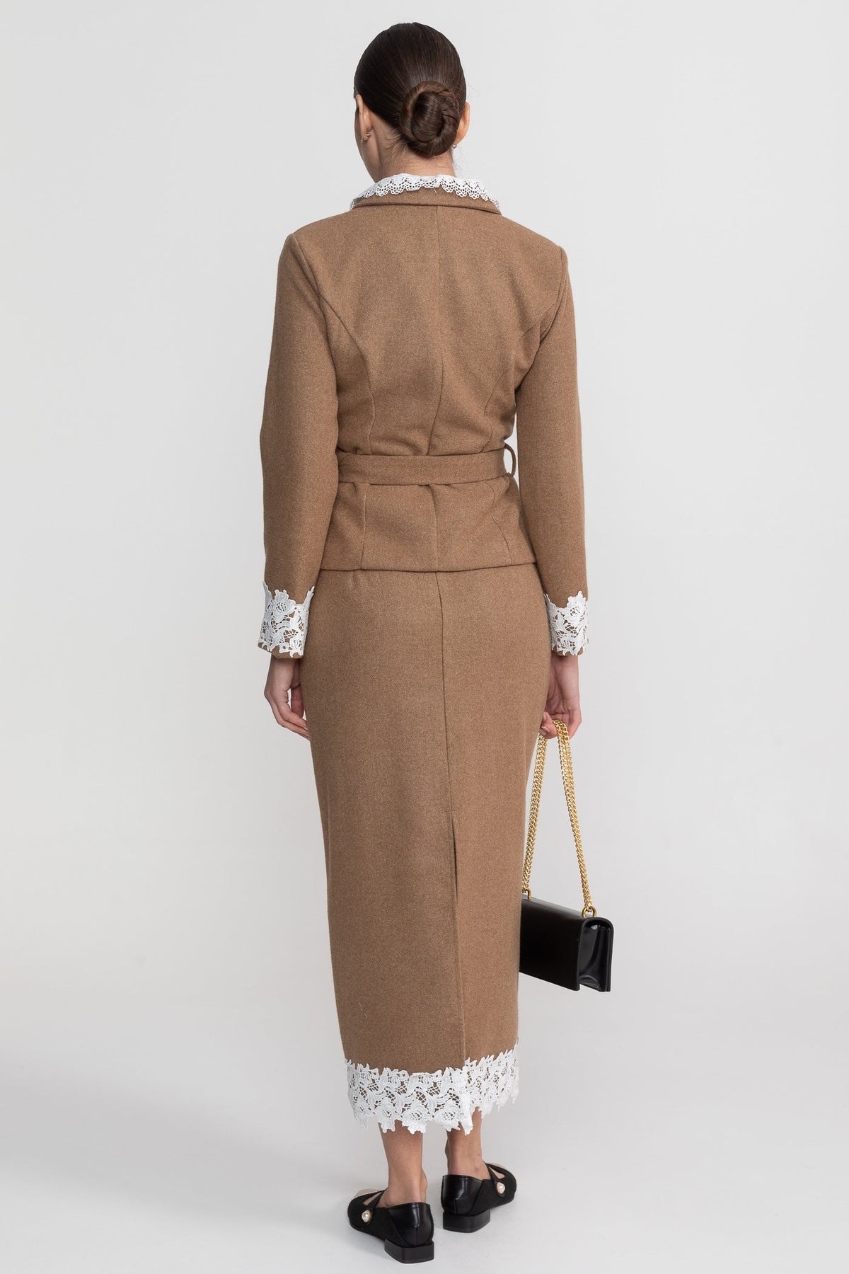 Lace Trim Tailored Jacket and Midi Pencil Skirt Set with Belt – Camel – view 5
