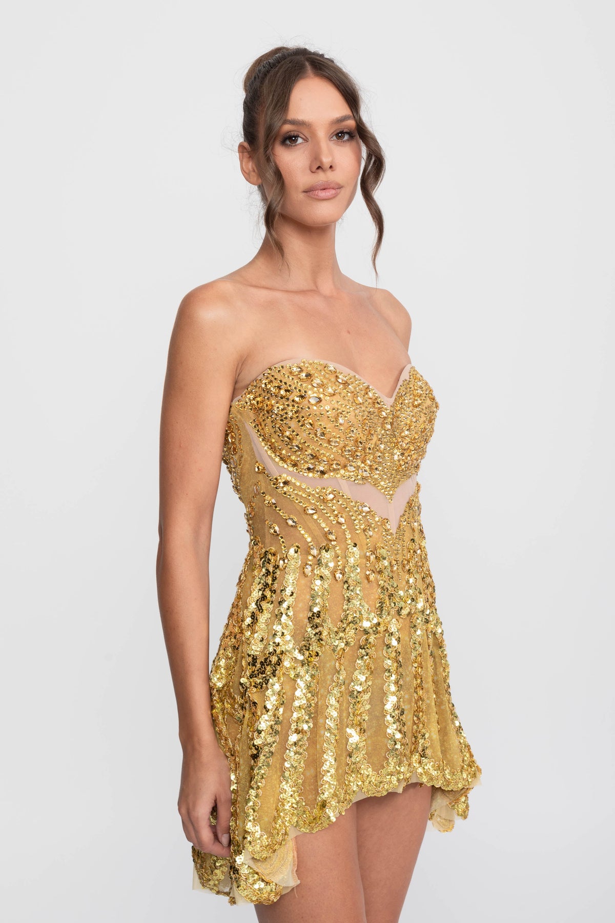 Jewelled Strapless Sweetheart Fit and Flare Mini Dress – Gold – view 5