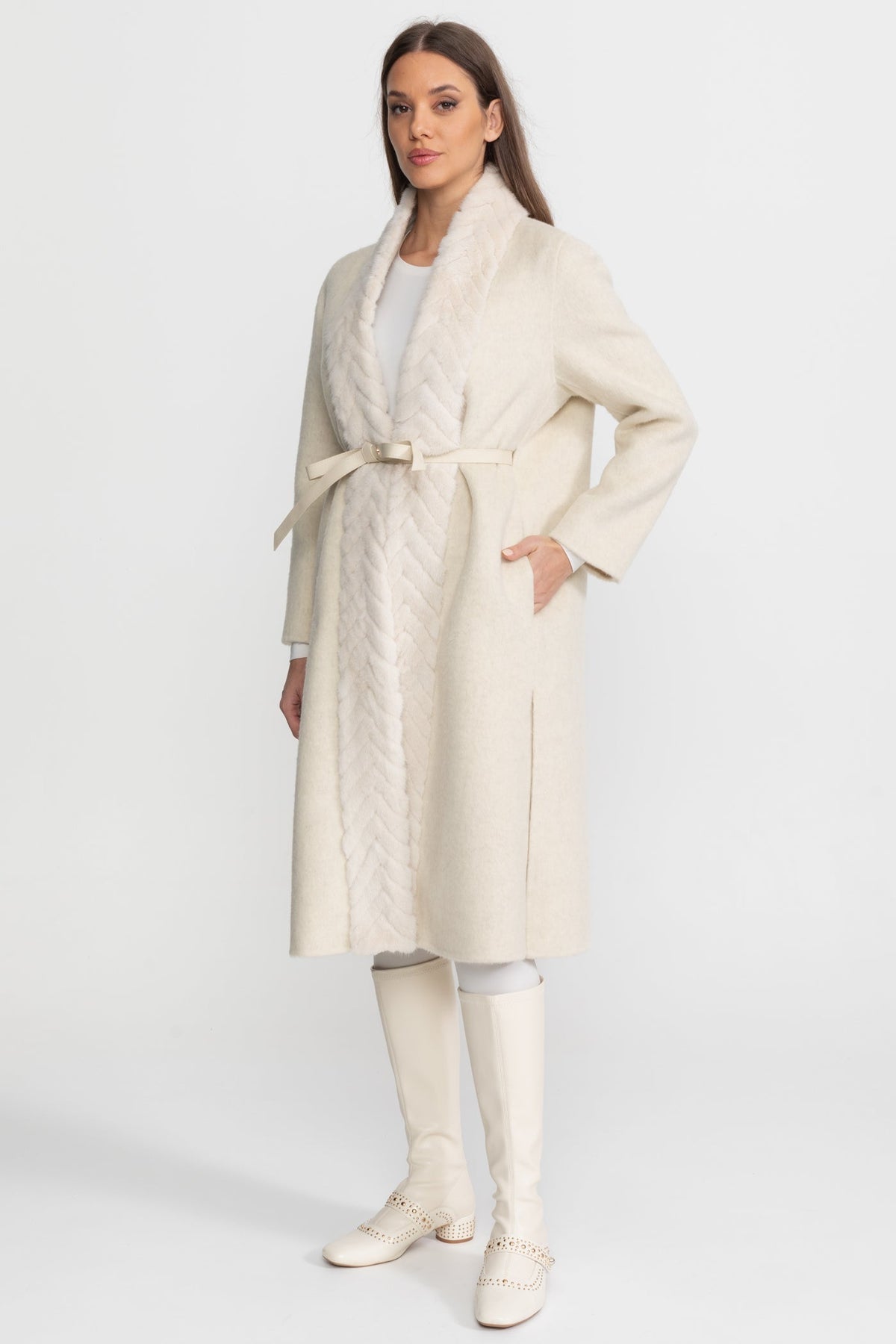 Wool and Alpaca Longline Coat with Textured Collar – Ivoire – view 6