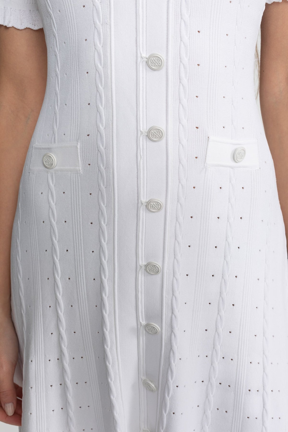 Knit Button-Front Midi Dress with Short Scalloped Sleeves – White – view 6