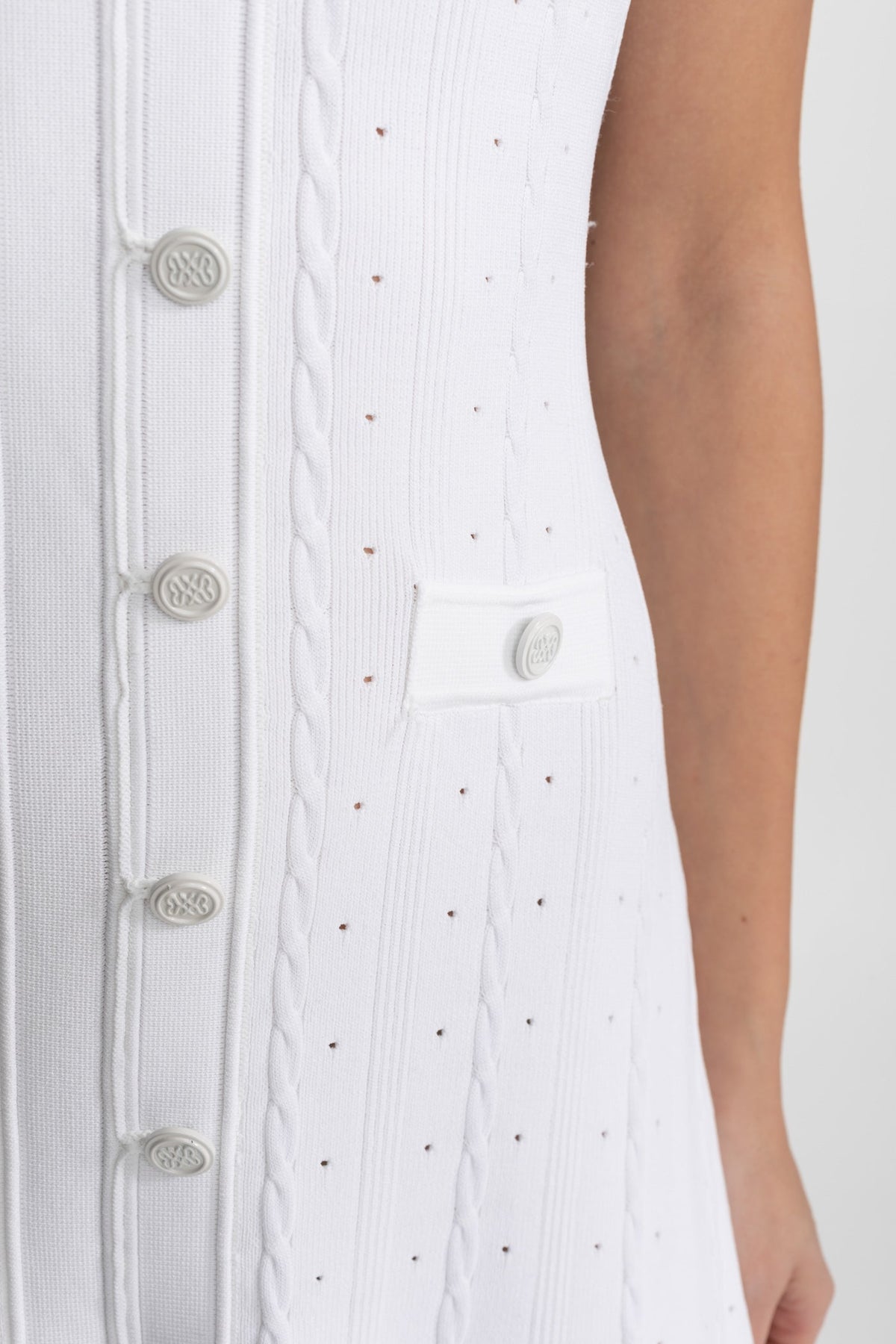 Knit Button-Front Midi Dress with Short Scalloped Sleeves – White – view 7