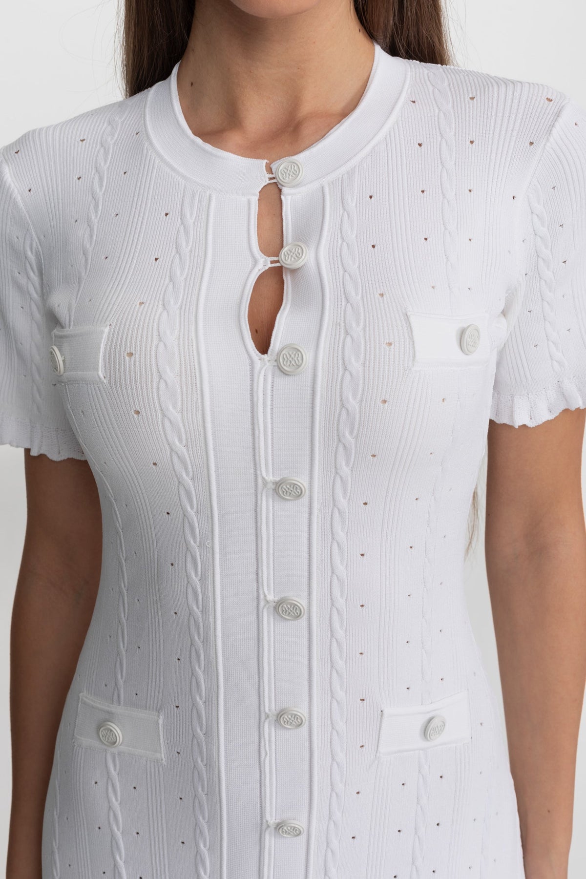 Knit Button-Front Midi Dress with Short Scalloped Sleeves – White – view 5