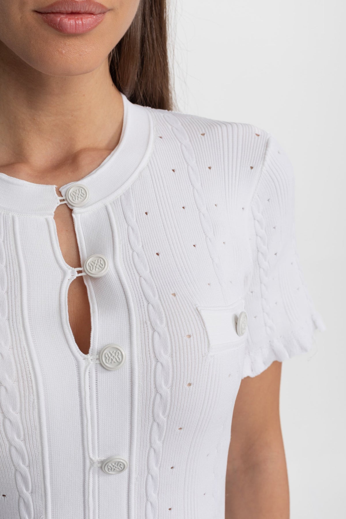 Knit Button-Front Midi Dress with Short Scalloped Sleeves – White – view 3