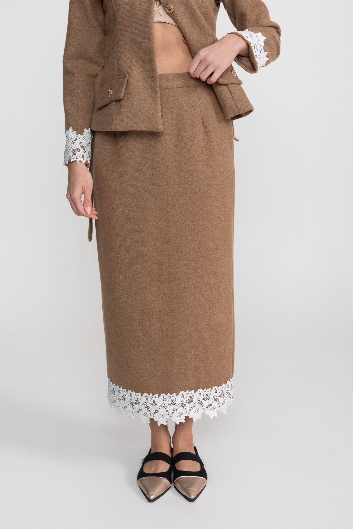 Lace Trim Tailored Jacket and Midi Pencil Skirt Set with Belt – Camel – view 10