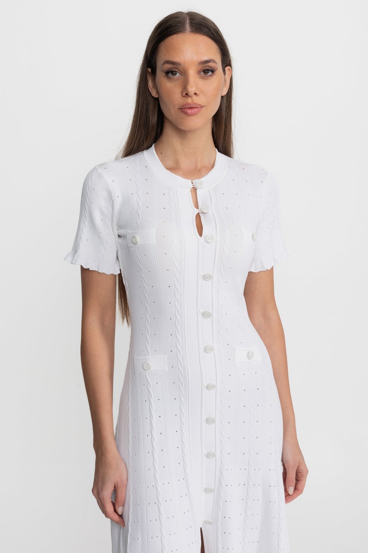 Knit Button-Front Midi Dress with Short Scalloped Sleeves – White – view 2
