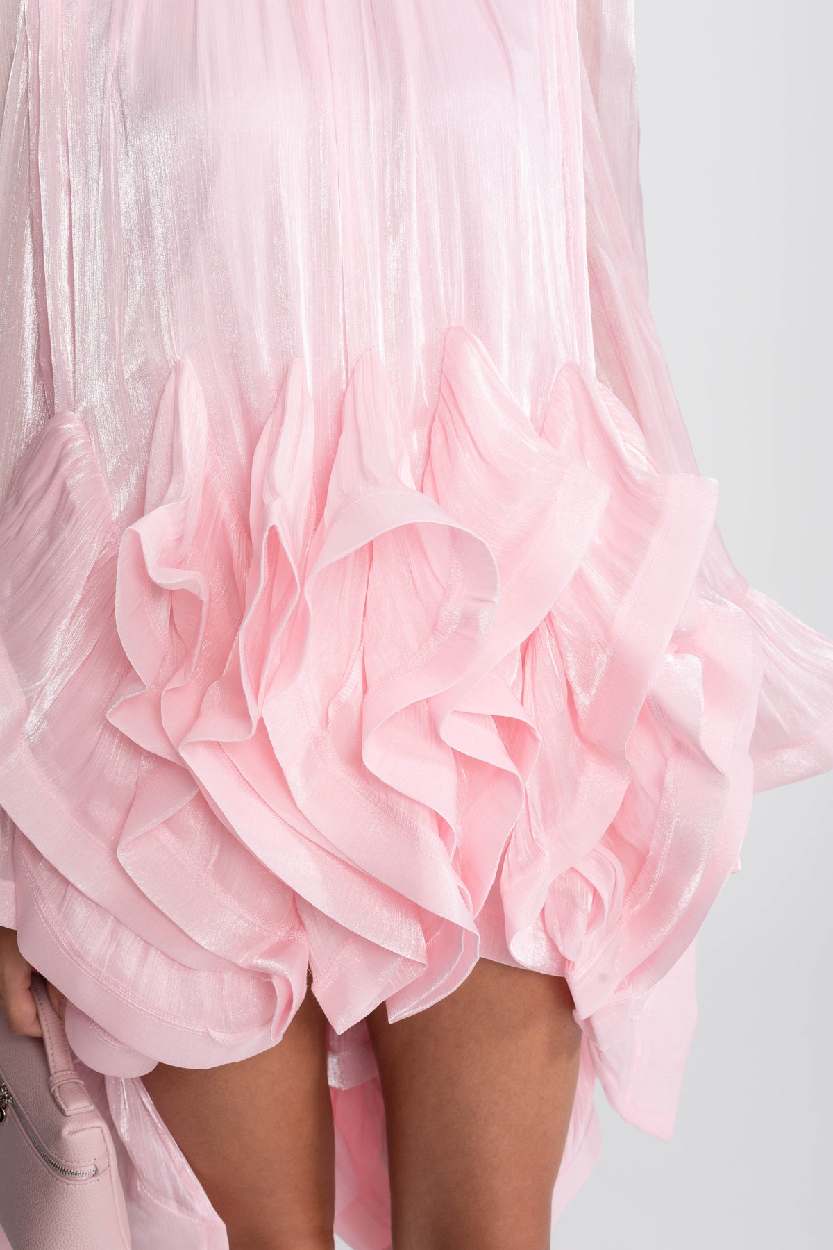 Asymmetric Ruffle Hem Satin-Finish Mini Dress with Flared Sleeves – Pink