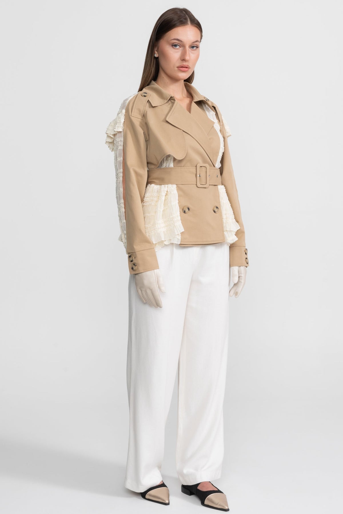 Double-Breasted Lace Panel Trench Jacket with Buckled Belt – Beige