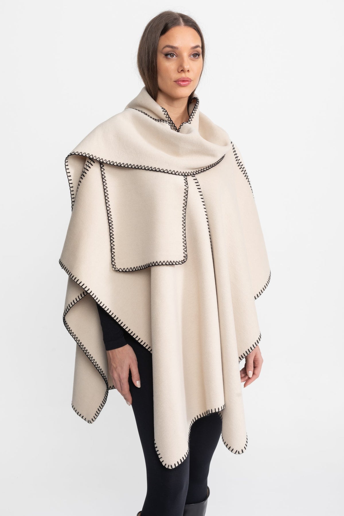 Wool Blend Poncho with Contrast Whipstitch Edging – Ivory – view 3
