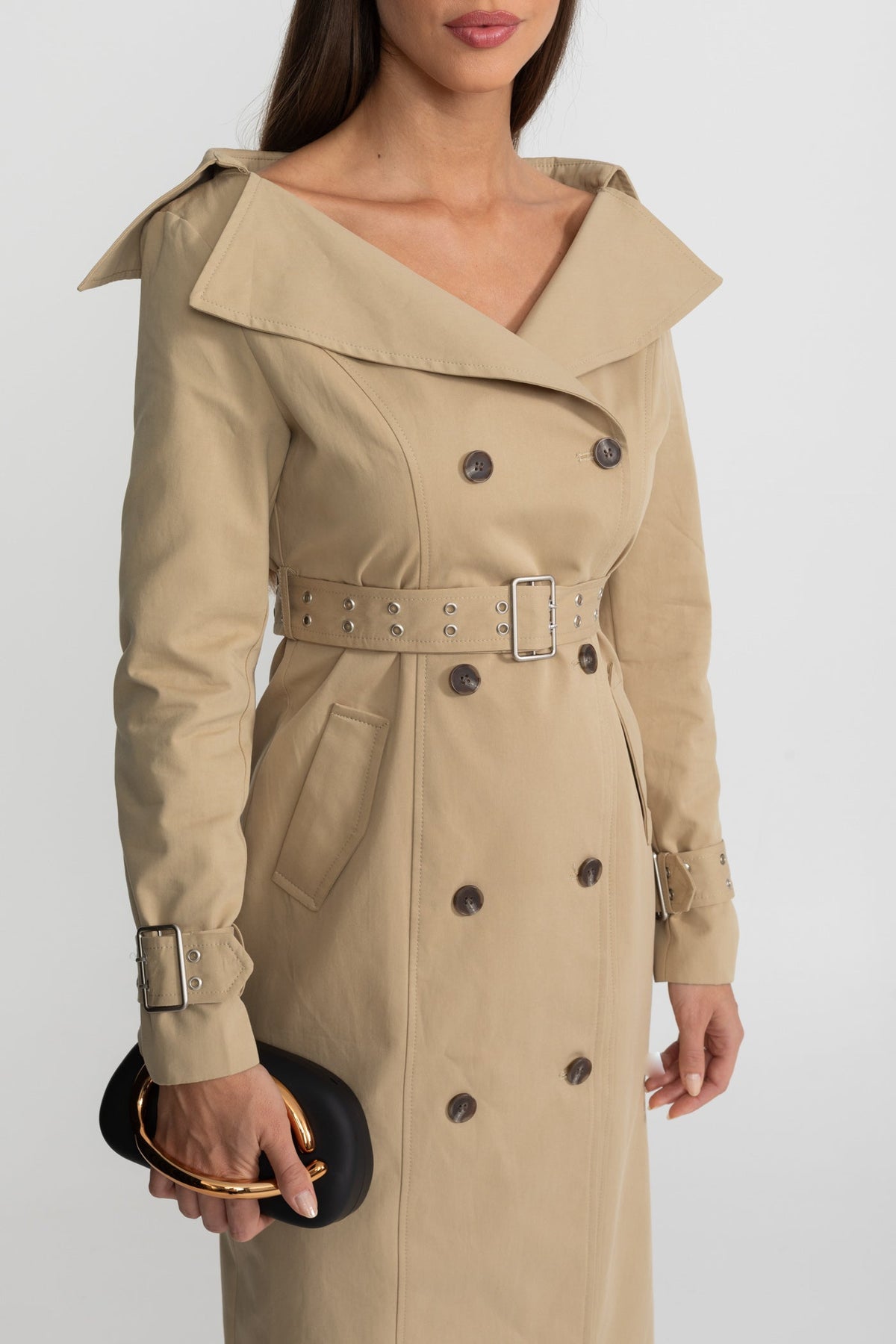 Off-Shoulder Double-Breasted Belted Trench Midi Dress – Brown – view 5