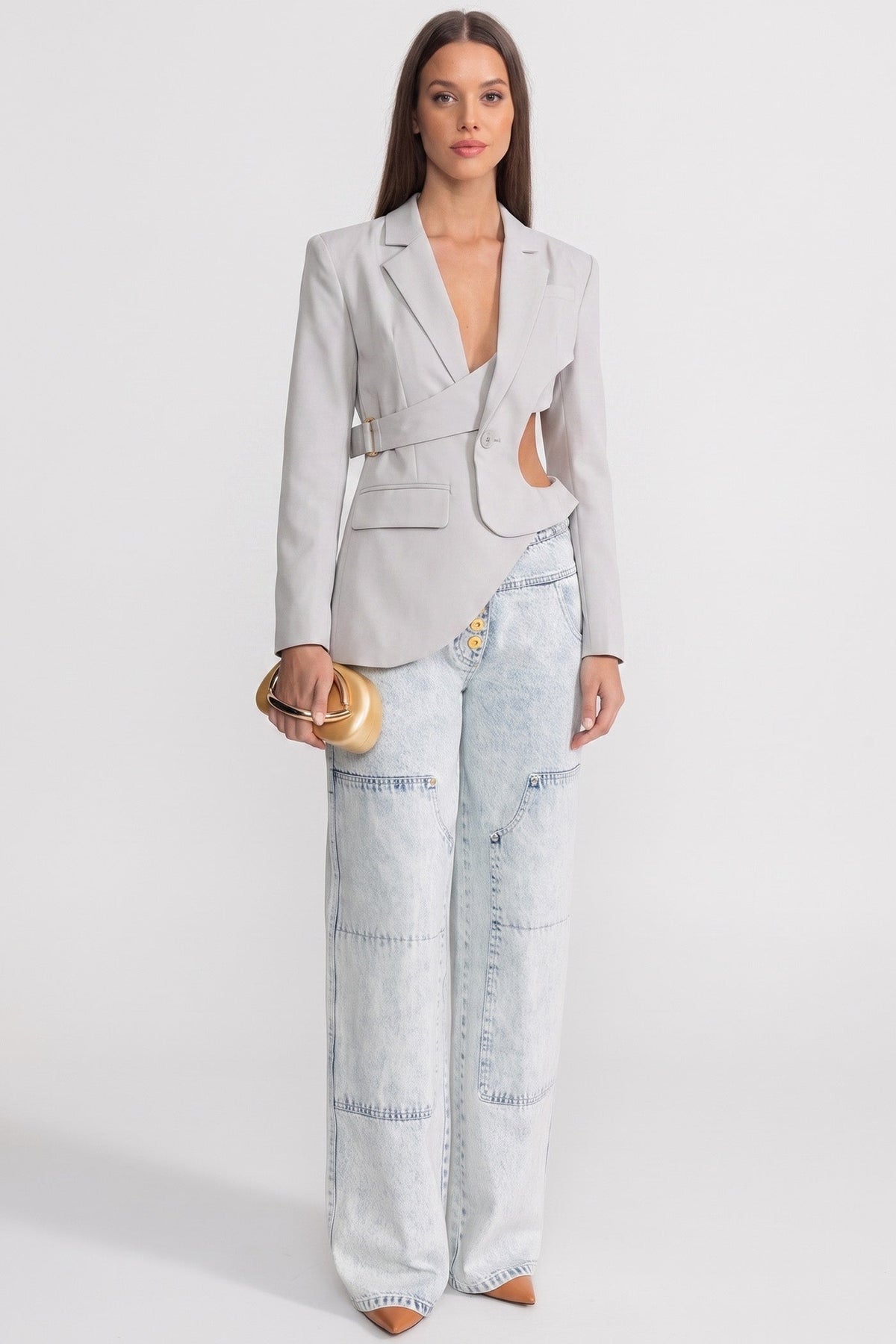 Asymmetric Cut-Out Blazer with Notched Lapels and Belt – Light Grey – view 2