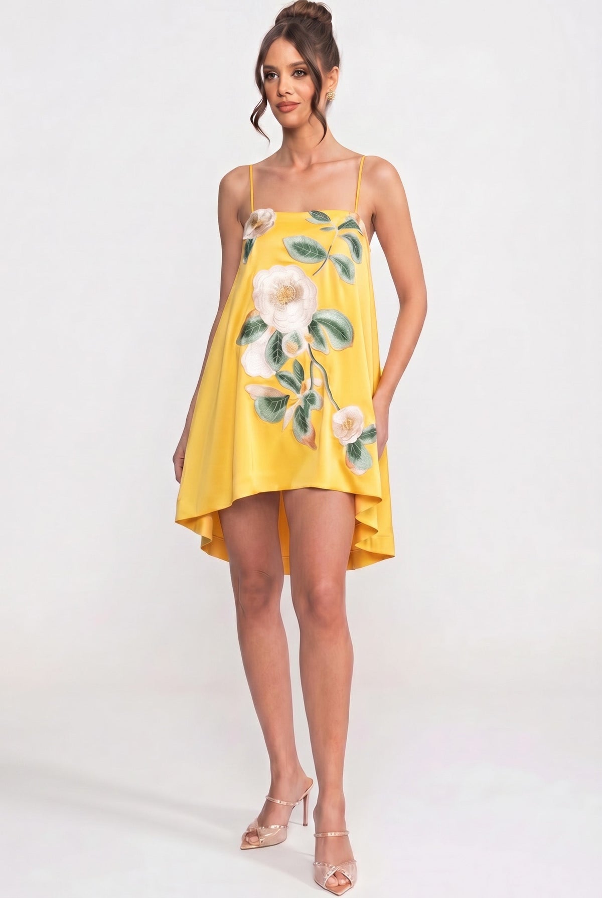 Structured A-Line Mini Dress with 3D Camellia Appliqué – Yellow – view 3
