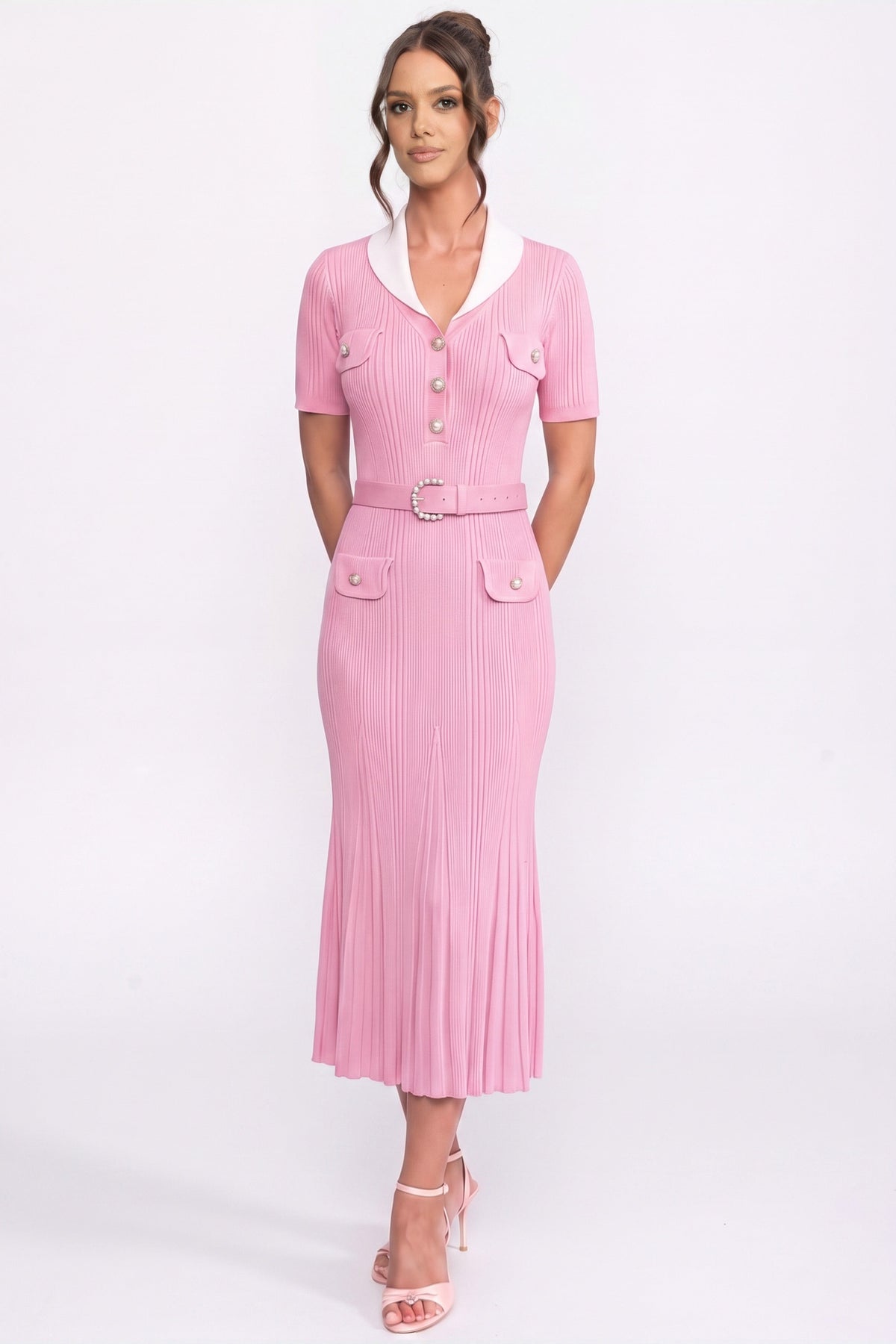 Ribbed Knit Midi Dress with White Shawl Collar and Pearl Belt – Pink – view 2