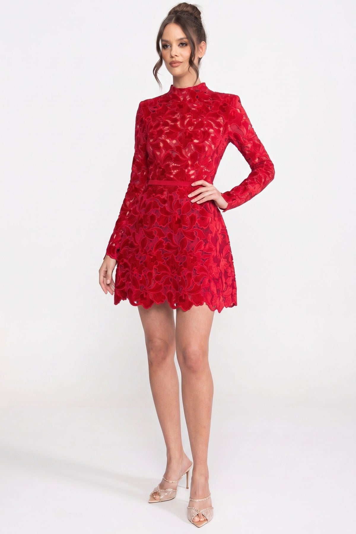 Long Sleeve Floral Lace Mini Dress with High Neck and Scalloped Hem – Red