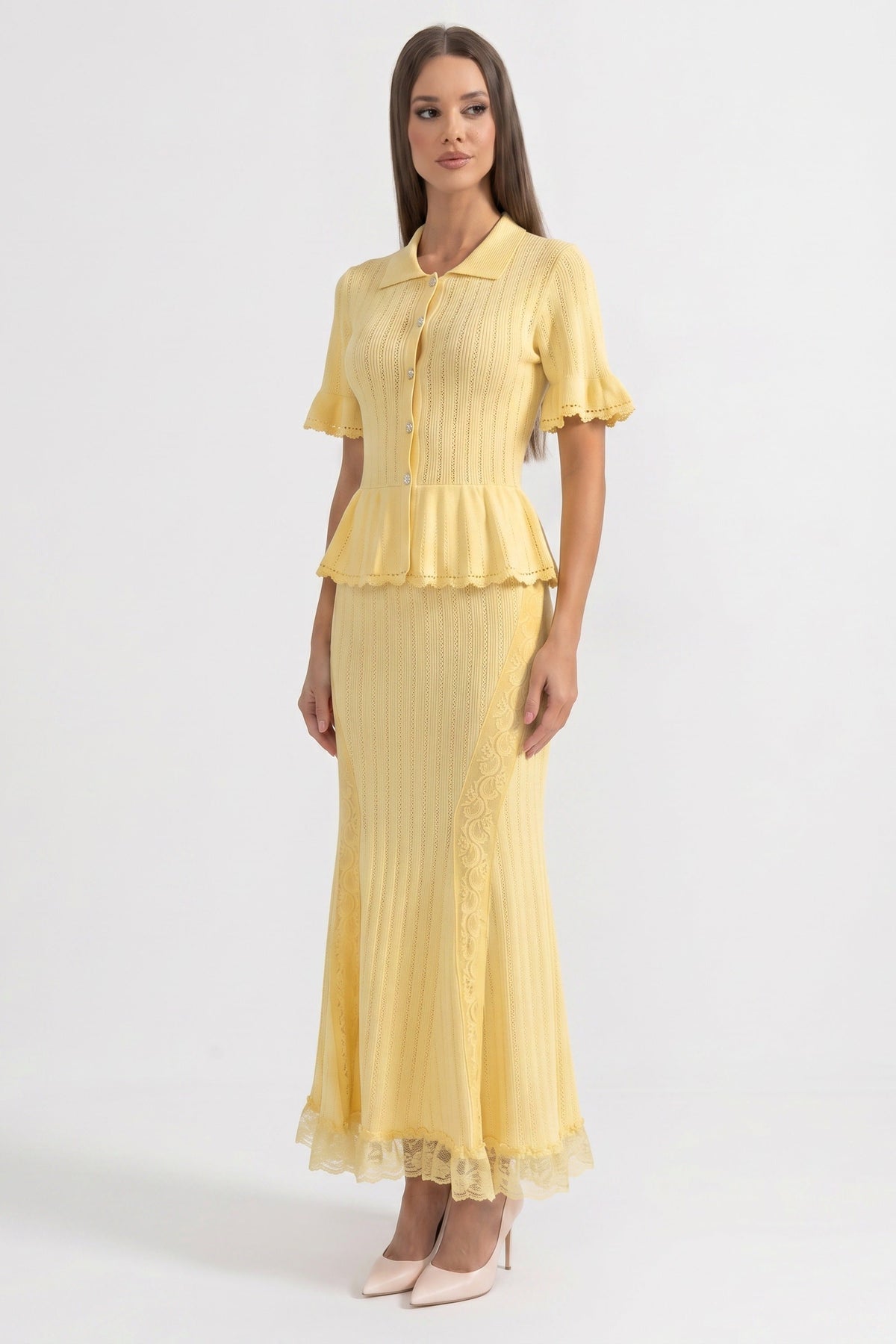 Peter Pan Collar Knit Peplum Maxi Dress with Ruffle Sleeves and Lace Hem – Yellow – view 3