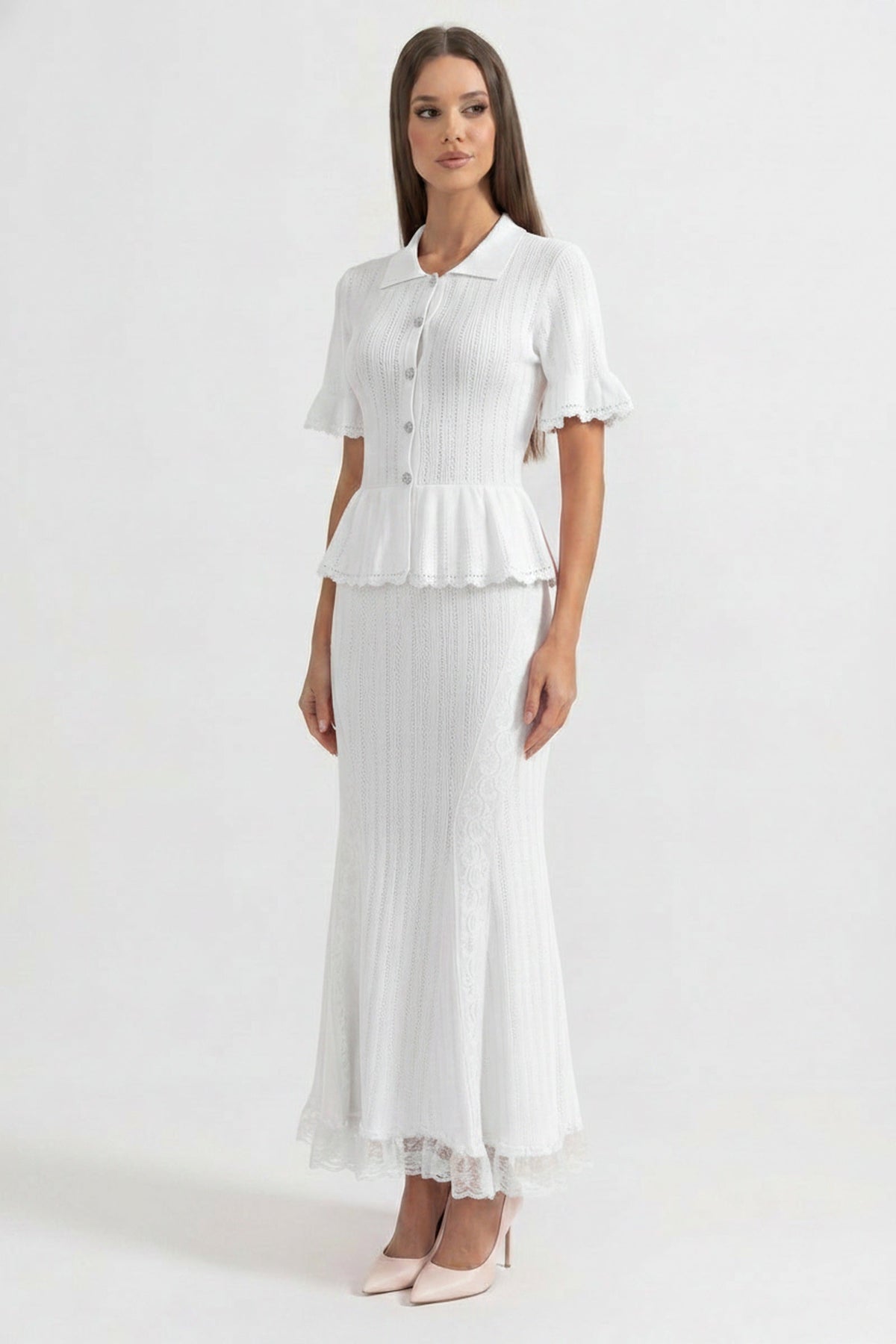 Peter Pan Collar Knit Peplum Maxi Dress with Ruffle Sleeves and Lace Hem – White – view 3