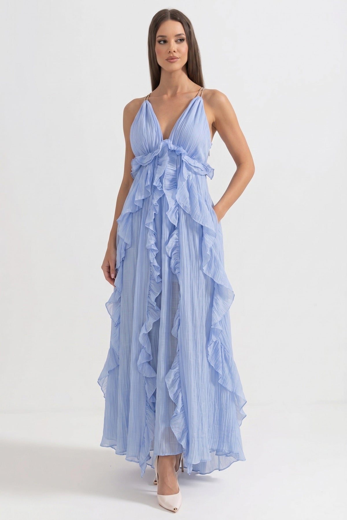 Deep V Halter Chiffon Ruffle Maxi Dress with Asymmetric Tiers – Blue – view 6