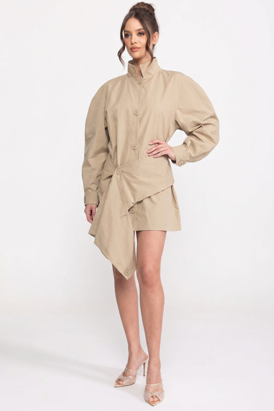 High Collar Balloon Sleeve Belted Jacket with Asymmetric Hem – Beige – view 2