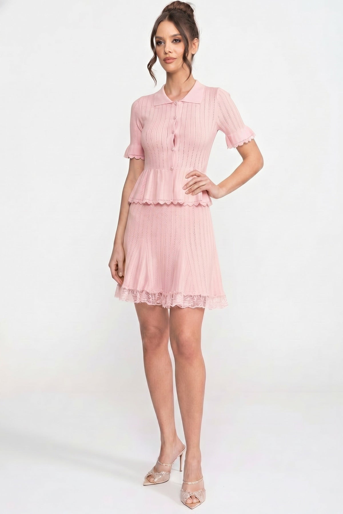 Peter Pan Collar Knit Peplum Top and Mini Skirt Set with Lace Hem – Pink – view 7