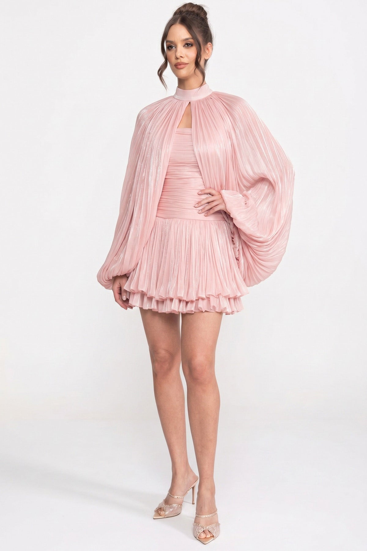 High Neck Balloon Sleeve Pleated Trapeze Mini Dress – Pink – view 7
