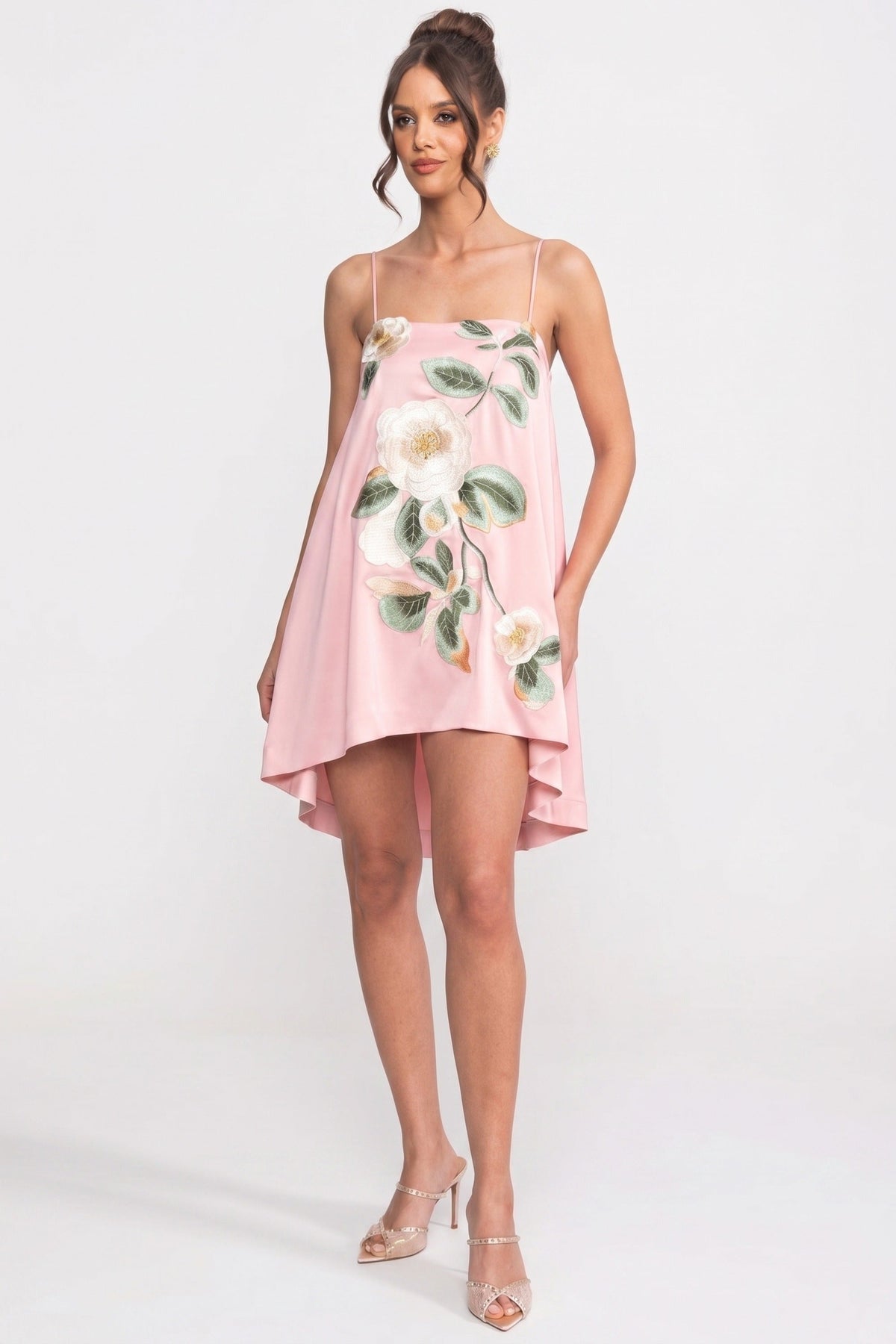 A-Line Mini Dress with Spaghetti Straps and 3D Camellia – Pink