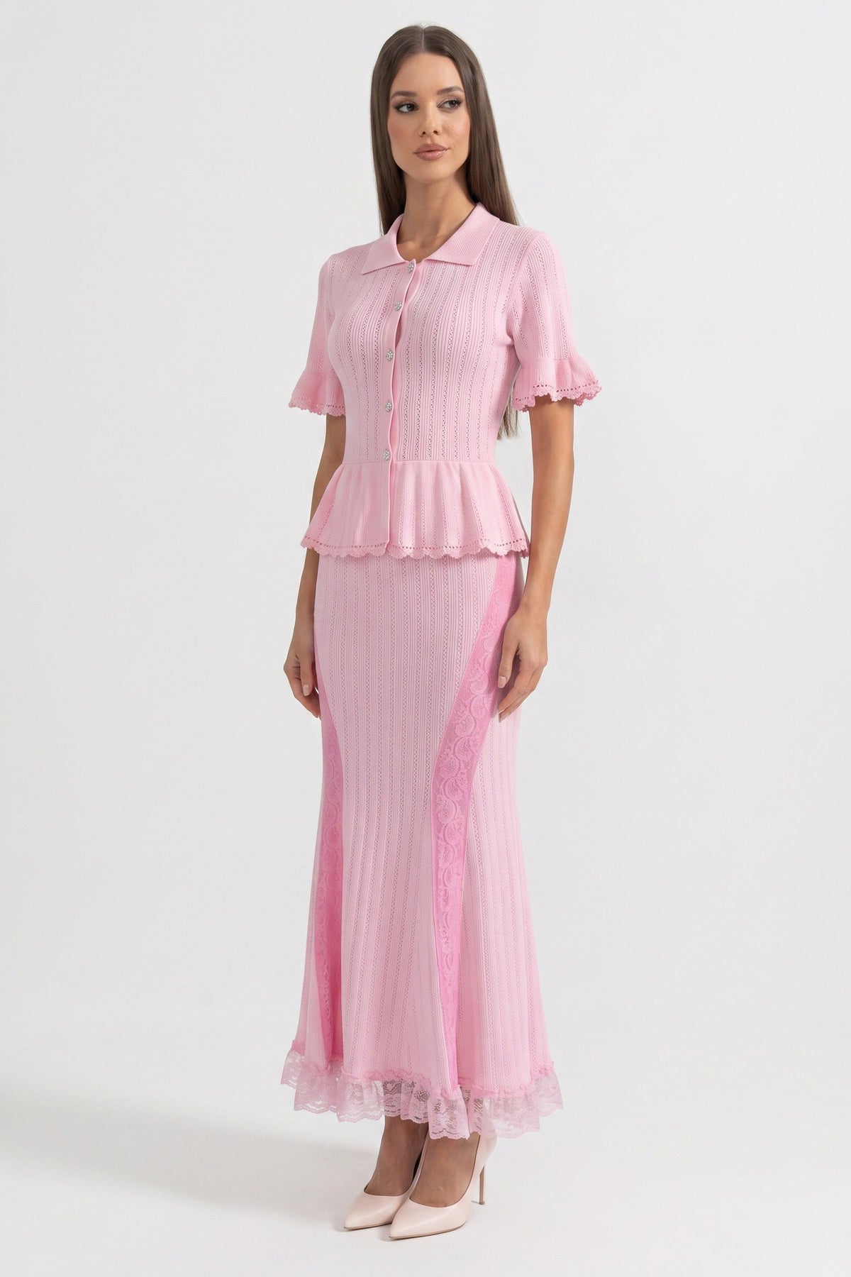 Peter Pan Collar Knit Peplum Maxi Dress with Ruffle Sleeves and Lace Hem – Pink – view 5