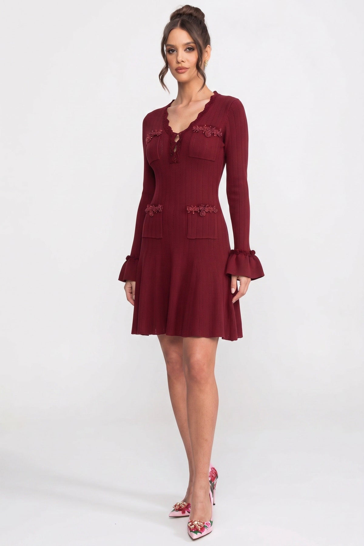 V-Neck Ribbed Knit Mini Dress with Ruffle Hem and Bow Cuffs – Burgundy – view 3
