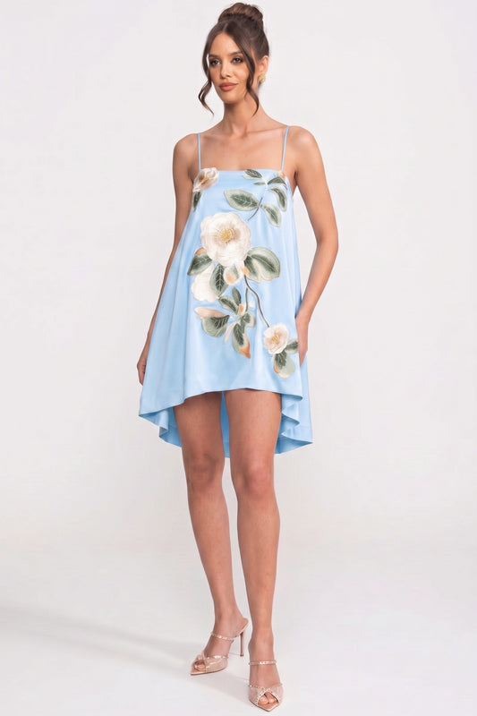 Spaghetti Strap A-Line Mini Dress with 3D Camellia Appliqué – Blue