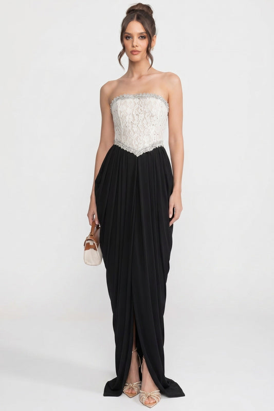 Strapless 3D Floral Corset Gown with Draped Slit Skirt – White and Black