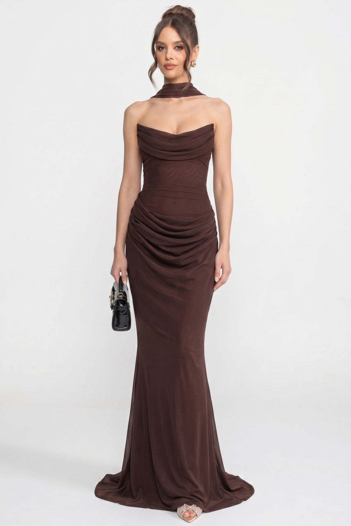 Strapless Cowl Neck Draped Maxi Gown with Sheer Scarf – Brown – view 4