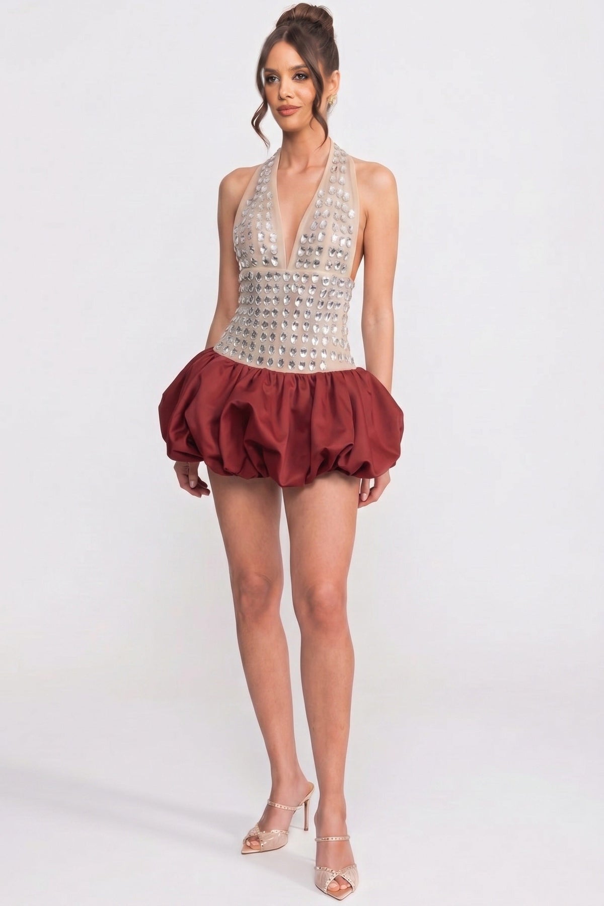 Deep V Halter Crystal Embellished Mini Dress with Bubble Skirt – Red – view 5