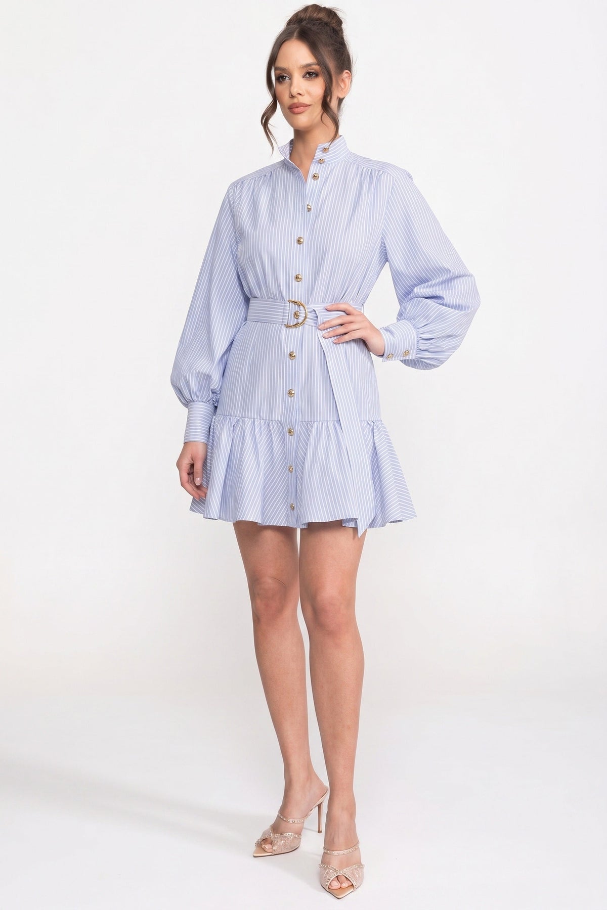 High Neck Striped Mini Dress with Balloon Sleeves and Bow Belt – Blue – view 4
