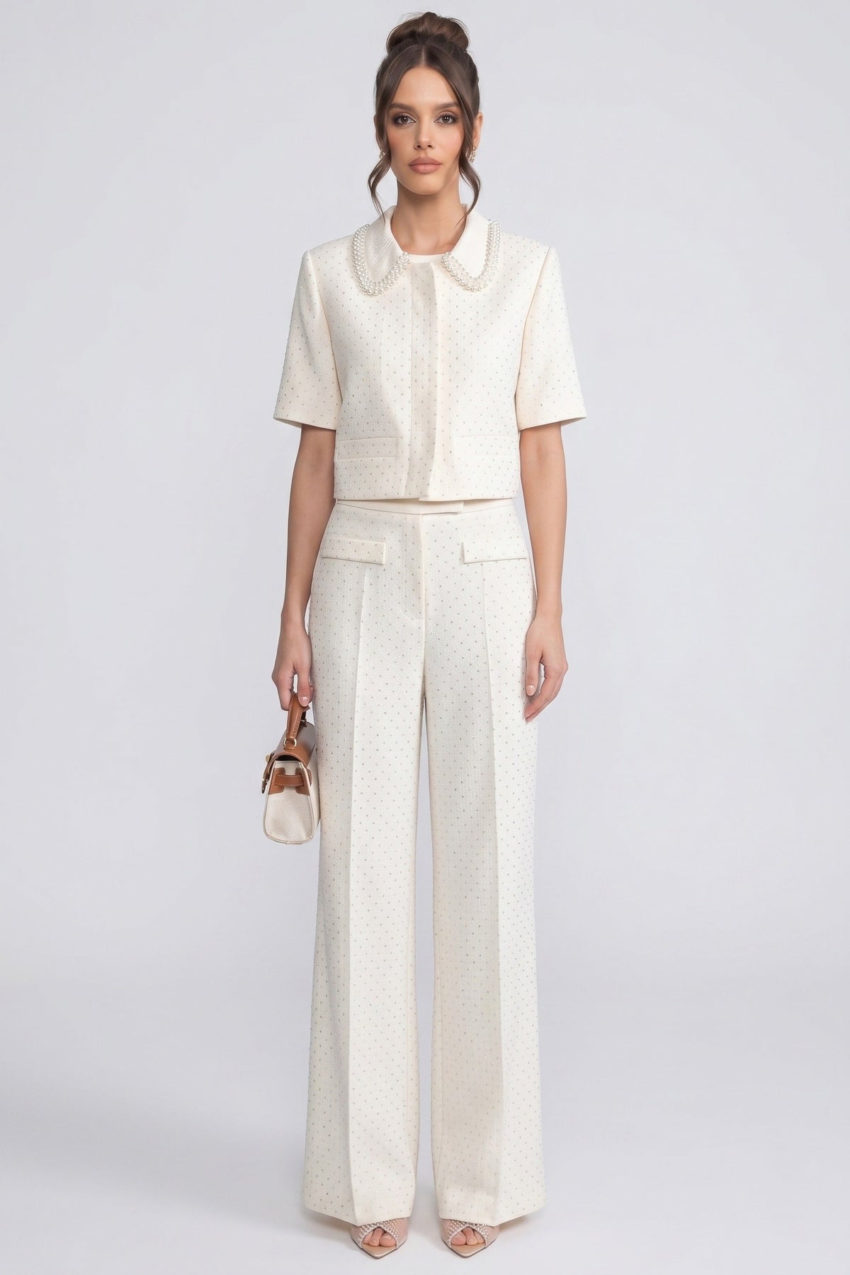 Short Sleeve Embellished Tweed Cropped Jacket with Crystal Collar – Ivoire – view 2