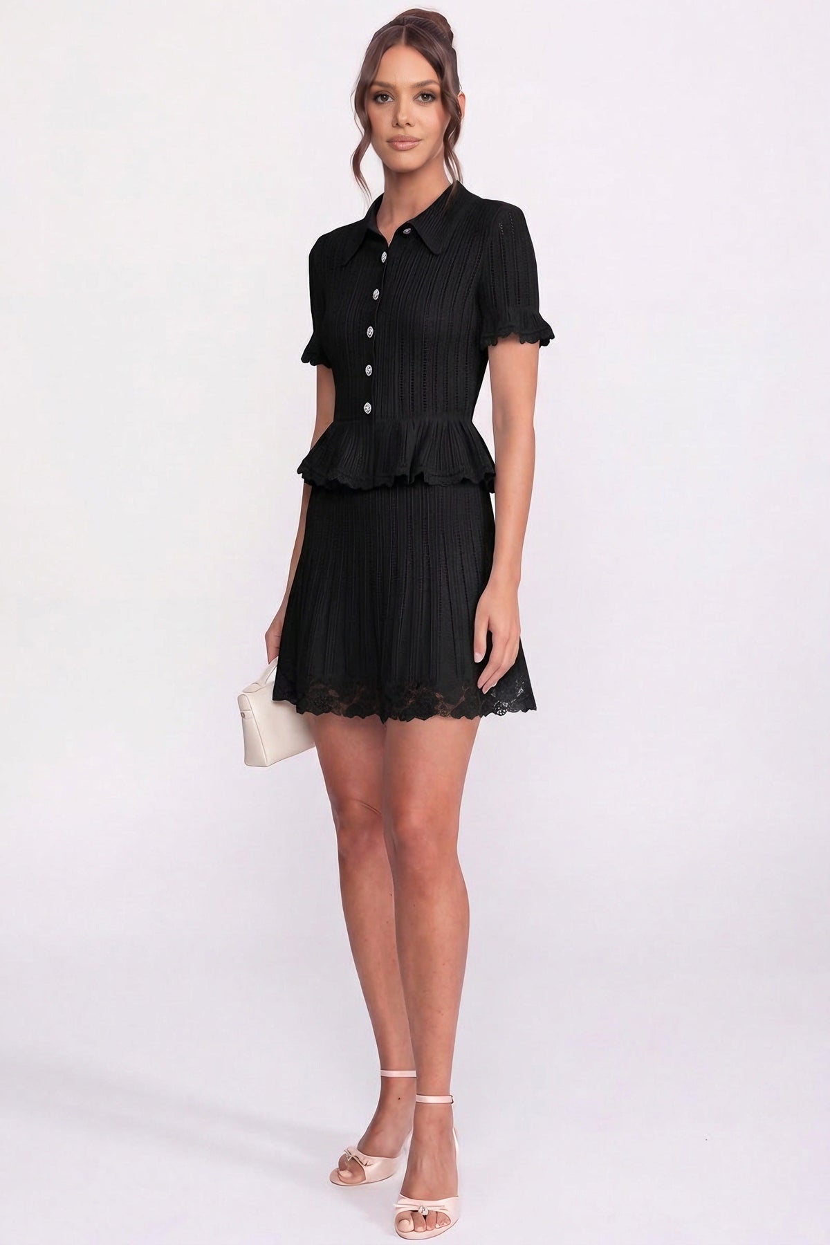 Polo Collar Ribbed Knit Peplum Top and Mini Skirt Set – Black – view 4