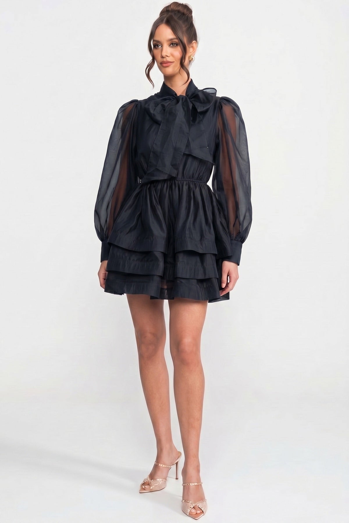 High Neck Bow Puff Sleeve Mini Dress with Tiered Ruffle Skirt – Black – view 5