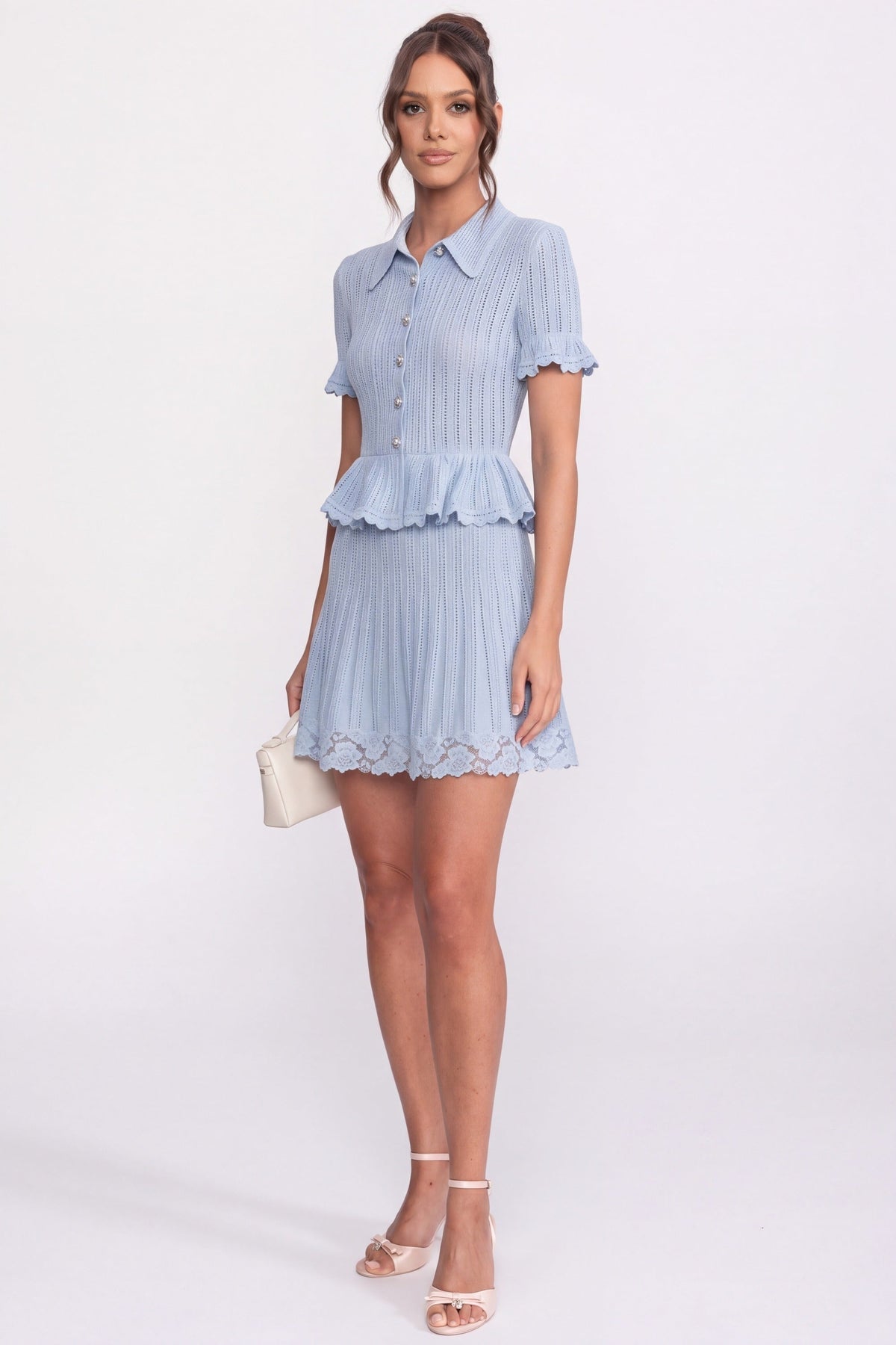 Polo Collar Ribbed Knit Peplum Top and Mini Skirt Set – Blue – view 4