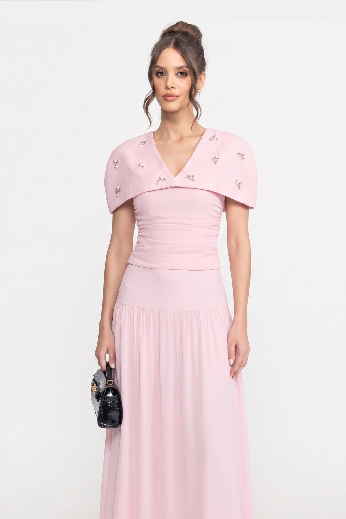 3-Piece Ruched Top, Detachable Cape and Maxi Skirt Co-ord Set – Pink – view 3