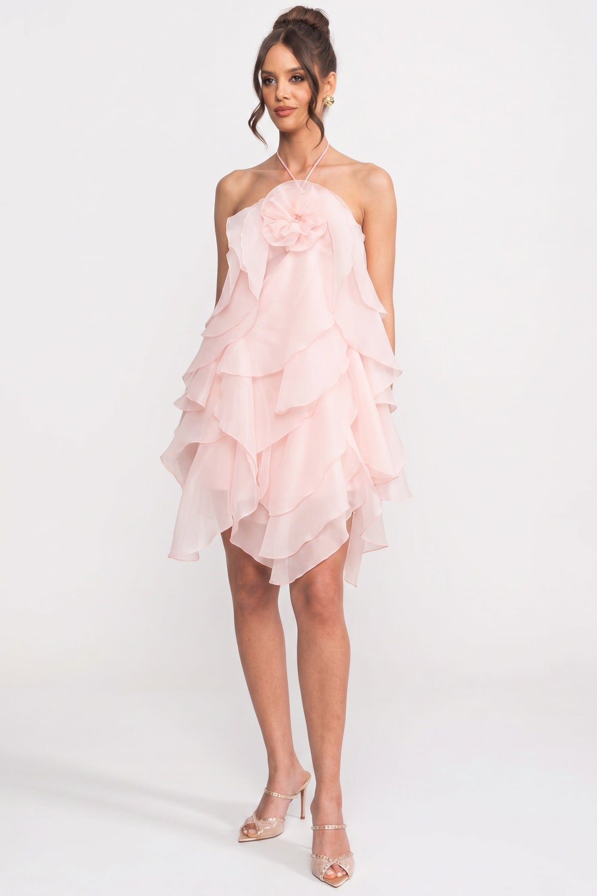 Tiered Ruffle Mini Dress with 3D Floral Halter Neck – Pink – view 3