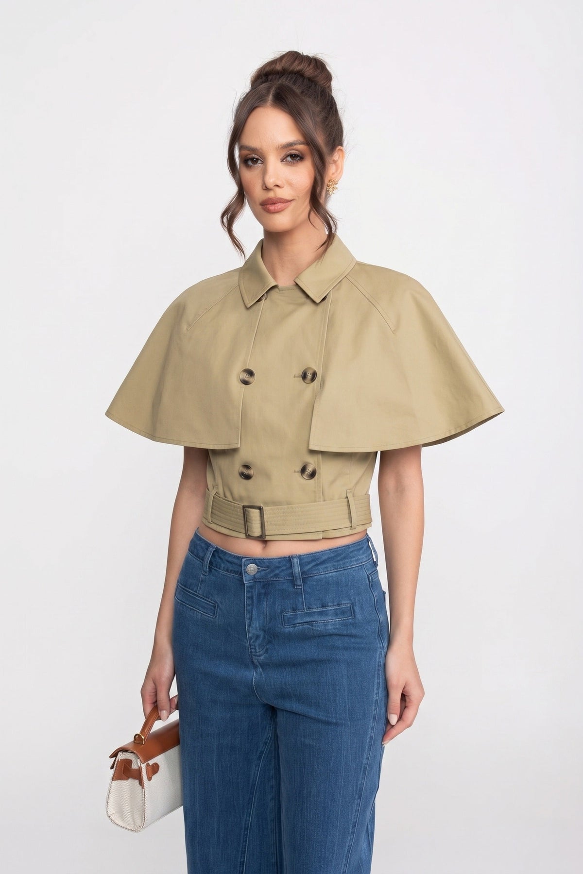 Double-Breasted Cropped Top with Spread Collar and Cape – Khaki