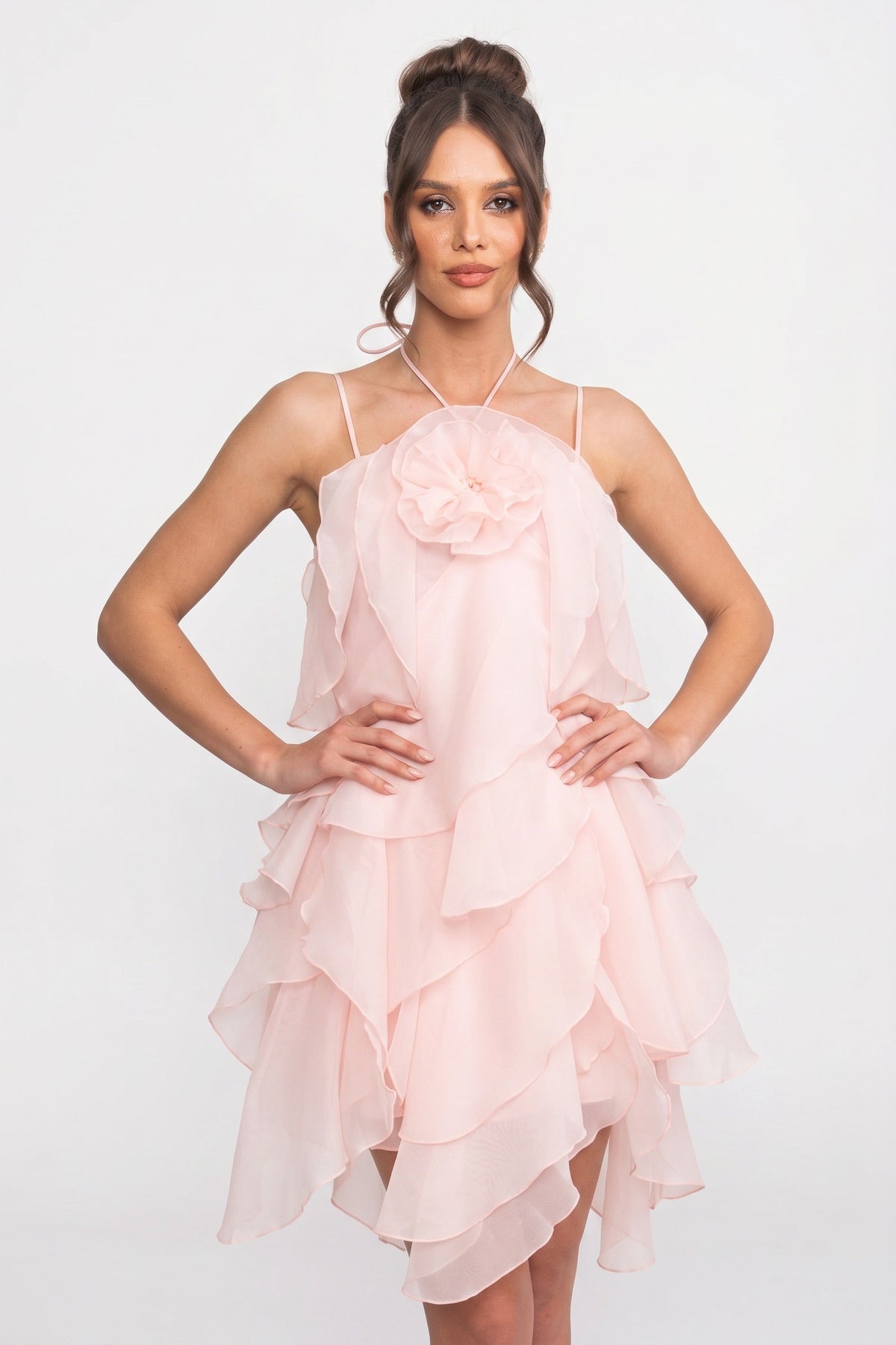 Tiered Ruffle Mini Dress with 3D Floral Halter Neck – Pink – view 1